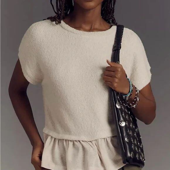 Pilcro Top size XL Cream Babydoll Peplum Sweater Blouse - Picture 2 of 6